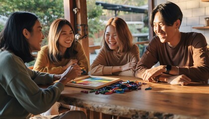 Group of young asian friends playing board game together on wooden table, concept for team building activity, leisure entertainment and recreational pastime