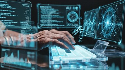 Senior woman skillfully coding with futuristic holographic interface and keyboard, navigating complex digital landscapes, embracing technology, modern innovation - Powered by Adobe