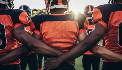 Back view of American football players in orange and black uniforms with arms around each other, concept for team building, sportsmanship and partnership