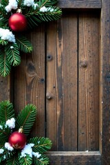 Aged wood backdrop, snowy fir branches frame, Christmas message area , template, winter