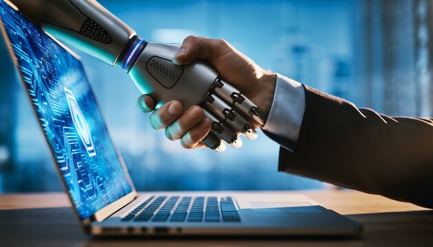 Close-up of a robot hand shaking hands with a businessman in front of a laptop with a futuristic screen, concept for artificial intelligence, automated solutions and digital transformation - Powered by Adobe