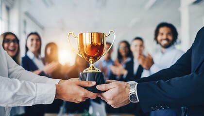 Hands of a manager presenting golden trophy to colleague with team cheering in background, concept for leadership recognition, employee appreciation and business award celebration