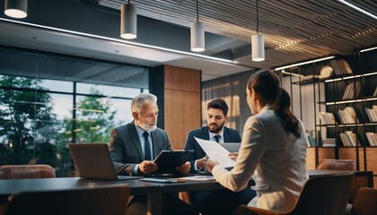 Senior project manager discusses report with team in modern office setting near window, concept for business meeting, corporate strategy and project planning