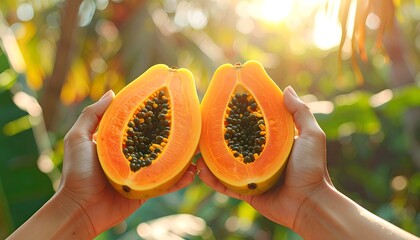 Hands holding two halves of a ripe papaya fruit, with seeds visible.