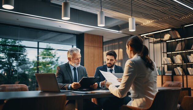 Senior project manager discusses report with team in modern office setting near window, concept for business meeting, corporate strategy and project planning