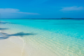 Tranquil closeup calm sea water waves with palm trees. Tourist posing in front of bungalows. Tropical island beach landscape exotic shore coast. Summer vacation, holiday amazing nature, Maldives.