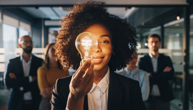 Smiling African American project manager holds a light bulb in office with blurred team, concept for innovative solutions, creative thinking and strategic planning