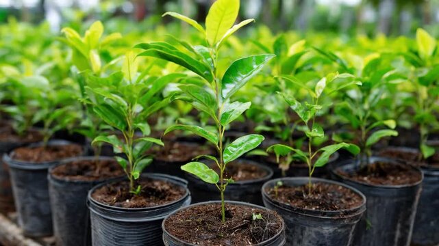 Medium shot of young saplings thriving in durable plastic pots arranged in neat rows highlighting efficient containerized tree production in a controlled nursery environment