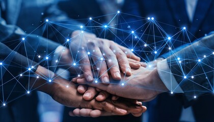 Diverse hands stacked in unity with a glowing network overlay, concept for corporate teamwork, global partnership and digital transformation for chief executive officer and vice president