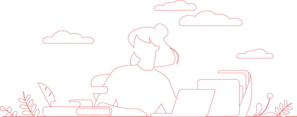 Red Line Drawing Woman Working at Laptop with Books and Clouds Above