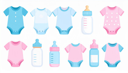 Soft Pink & Blue Flat Icons of Baby Care Essentials