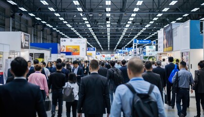 Crowd of attendees walking through large exhibition hall with booth, concept for trade fair marketing, product launch and business networking