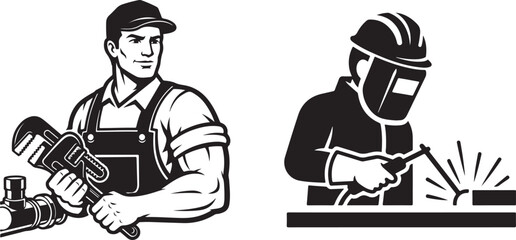 Flat vector plumber and welder icons in retro black and white style.