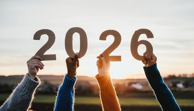 Diverse hands holding cardboard 2026 numbers against a sunset landscape, concept for new year celebration, future planning and financial forecast
