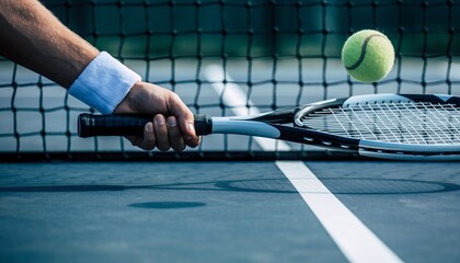 A man's hand holds a tennis racket with a ball in motion near the net on the court, concept for sports equipment advertising, tennis club promotion and athletic lifestyle illustration