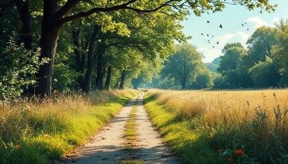 Obraz premium Discover Tranquility in Nature: An Adventure Through Sunlit Paths, Grassy Landscapes, and Scenic Views Beneath the Trees