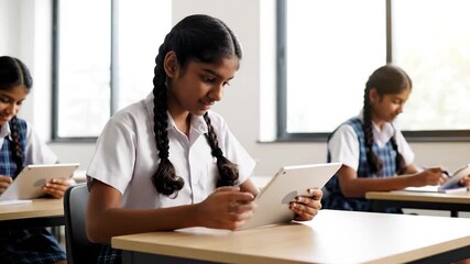 Three schoolgirls in uniform use digital tablets at desks in a bright classroom setting - Powered by Adobe