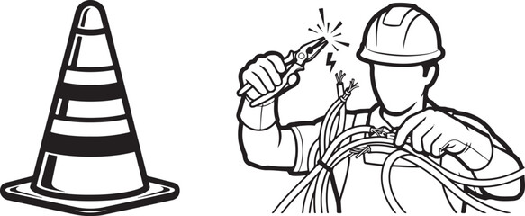 Black and White Vector Illustrations of Safety Cone and Electrician