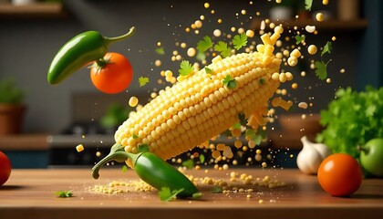 Dynamic culinary explosion with fresh corn, vibrant peppers, and ripe tomatoes, perfect for food blogs and recipe presentations