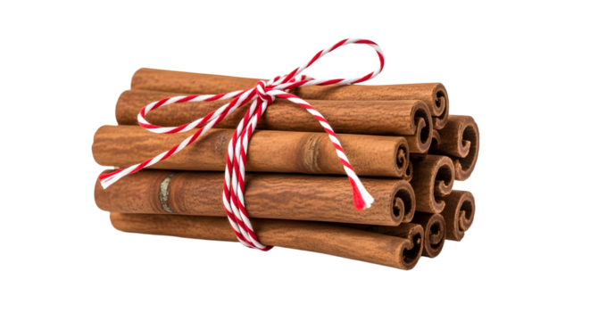 Gift - Bundle of cinnamon sticks tied with red and white string on white background, perfect for cooking and holiday decorations