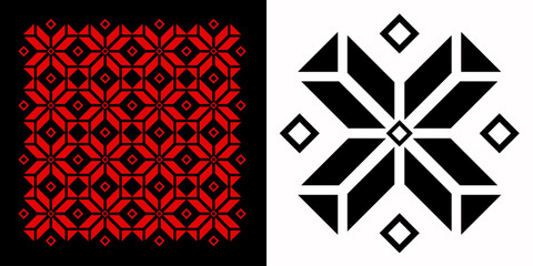 Intricate Slavic ornament with geometric patterns. Red on black & black on white designs, inspired by traditional embroidery and folk art motifs
