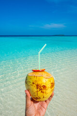Tranquil closeup calm sea water waves with palm trees. Coconut is in the frame. Tropical island beach landscape exotic shore coast. Summer vacation, holiday amazing nature, Maldives.