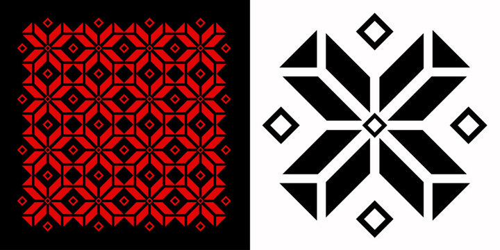 Intricate Slavic ornament with geometric patterns. Red on black & black on white designs, inspired by traditional embroidery and folk art motifs