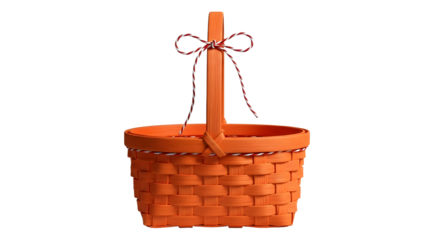 Gift - Orange woven picnic basket with a handle and bow isolated on white background, perfect for outdoors and picnic themes