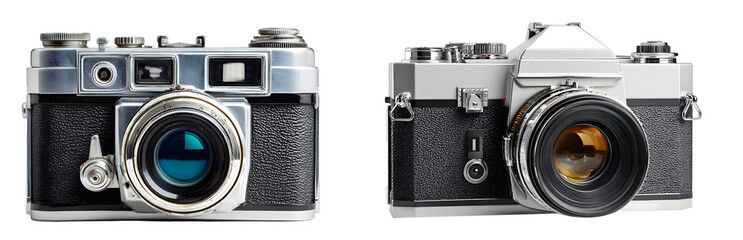Vintage film cameras isolated on white background, cut out, transparent PNG