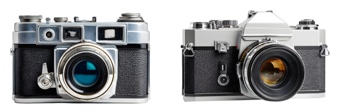 Vintage film cameras isolated on white background, cut out, transparent PNG