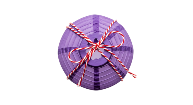Gift - Purple round paper lantern with red and white string tied in a bow, isolated on black background, perfect for festive decorations