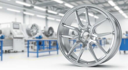 Sleek silver alloy wheel in modern automotive workshop with industrial machinery
