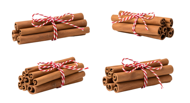 Gift - Bundles of cinnamon sticks tied with red and white string isolated on white, perfect for cooking and holiday decoration
