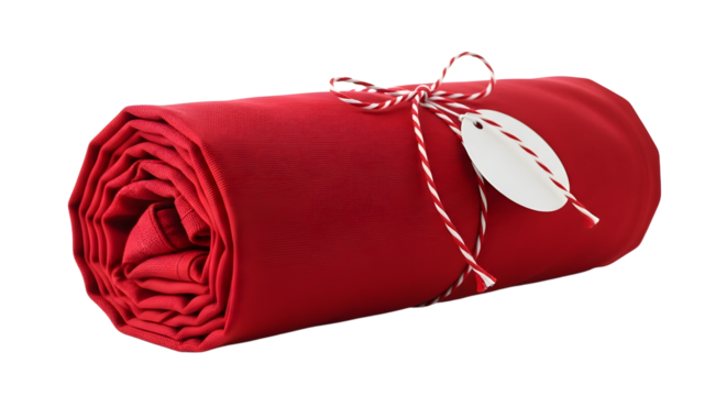 Gift - Rolled red fabric tied with white string and blank label, isolated on black background, perfect for textile and crafting projects