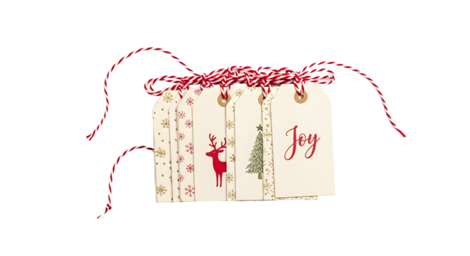 Gift - Christmas gift tags with festive designs including reindeer, snowflakes, tree, and the word Joy, perfect for holiday wrapping