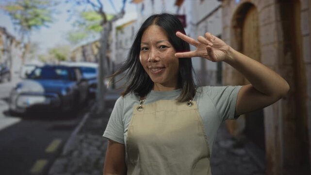 Young hispanic woman in apron holds two fingers in v sign by face on city street near parked car and stone building; travel adventure joy.