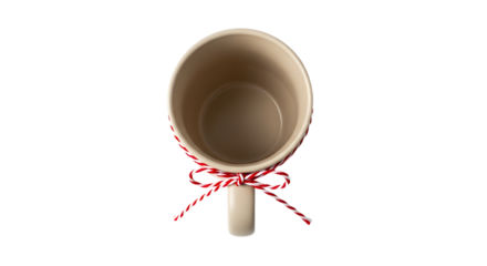 Gift - Empty ceramic coffee mug with red and white striped ribbon tied around the handle, isolated on white background, perfect for gift or celebration themes