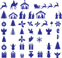 Christmas silhouettes isolated on white background featuring festive elements