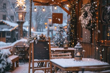 cozy winter outdoor cafe decorated for Christmas, snow falling, wooden chalkboard mockup at the entrance with blank space for text, warm lights, garlands and snowy background, tables, blurred street 