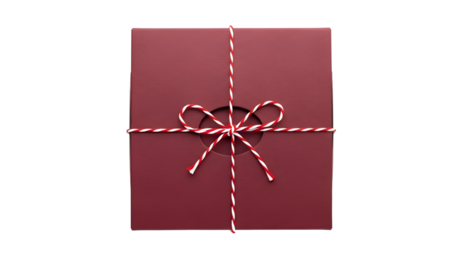 Gift - Elegant burgundy gift box with red and white twine bow on black background, perfect for holidays and special occasions