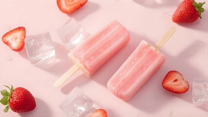 Pastel pink strawberry popsicles with fresh fruit and ice cubes on a soft background, elegant minimal style, refreshing summer concept, ultra-realistic detail, perfect for food and drink advertising.