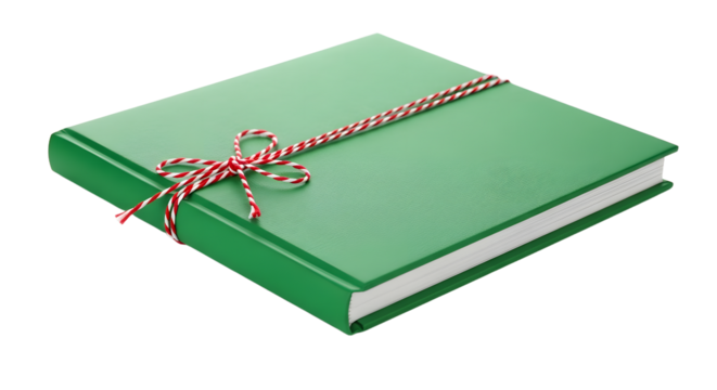 Gift - Green notebook wrapped with red and white striped ribbon on white background, perfect for gift ideas or stationery promotions
