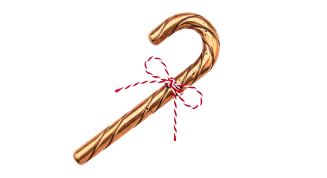 Gift - Golden candy cane with red and white striped bow, festive Christmas holiday decoration perfect for seasonal designs