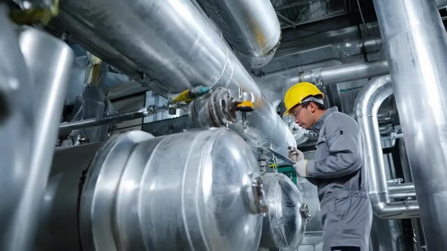 Industrial technician inspects and services large refrigeration systems efficiently capturing harmful CFCs to comply with environmental regulations.