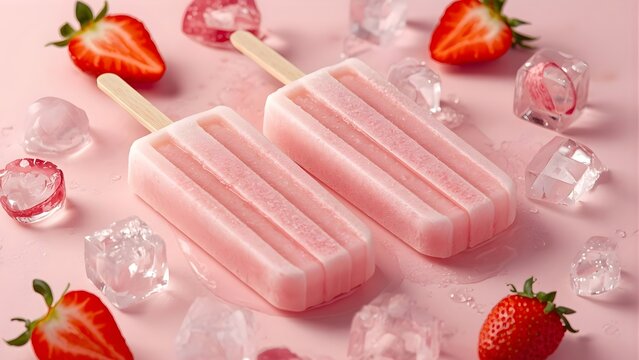 Pastel pink strawberry popsicles with fresh fruit and ice cubes on a soft background, elegant minimal style, refreshing summer concept, ultra-realistic detail, perfect for food and drink advertising.