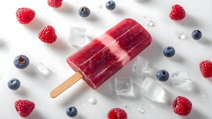 Blueberry and raspberry popsicle with fresh fruits, melting ice cubes and soft daylight on white background, refreshing summer concept, clean editorial food photo, 8K photorealistic detail.