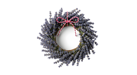 Gift - Lavender wreath with a blank circular tag tied with red and white string on white background, perfect for rustic decor and invitations