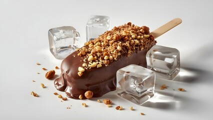 Delicious chocolate-coated ice cream bar with nut crumble on a stick, melting texture, surrounded by ice cubes on white background, premium dessert photography with soft lighting and detail.