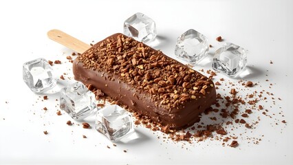 Delicious chocolate-coated ice cream bar with nut crumble on a stick, melting texture, surrounded by ice cubes on white background, premium dessert photography with soft lighting and detail.