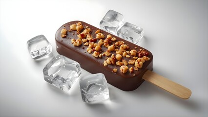 Delicious chocolate-coated ice cream bar with nut crumble on a stick, melting texture, surrounded by ice cubes on white background, premium dessert photography with soft lighting and detail.